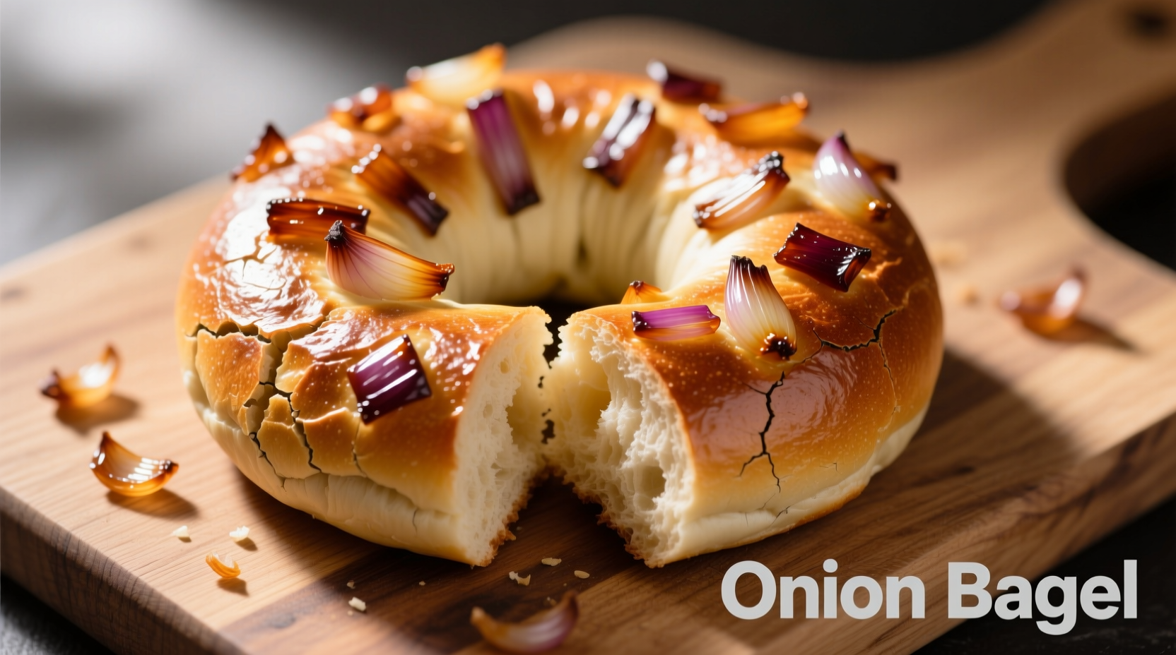Freshly baked onion bagel with visible onion pieces