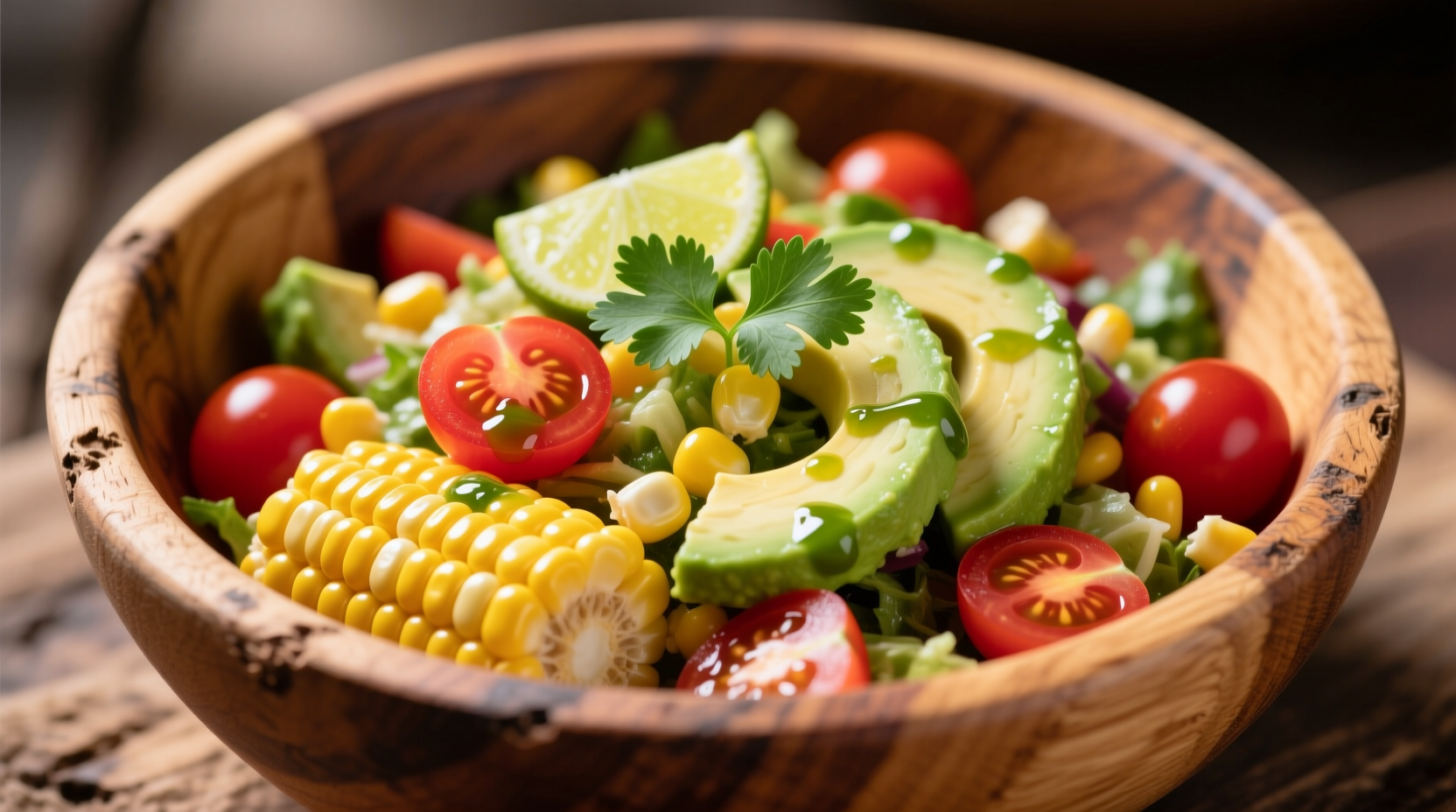 Colorful corn avocado tomato salad in wooden bowl