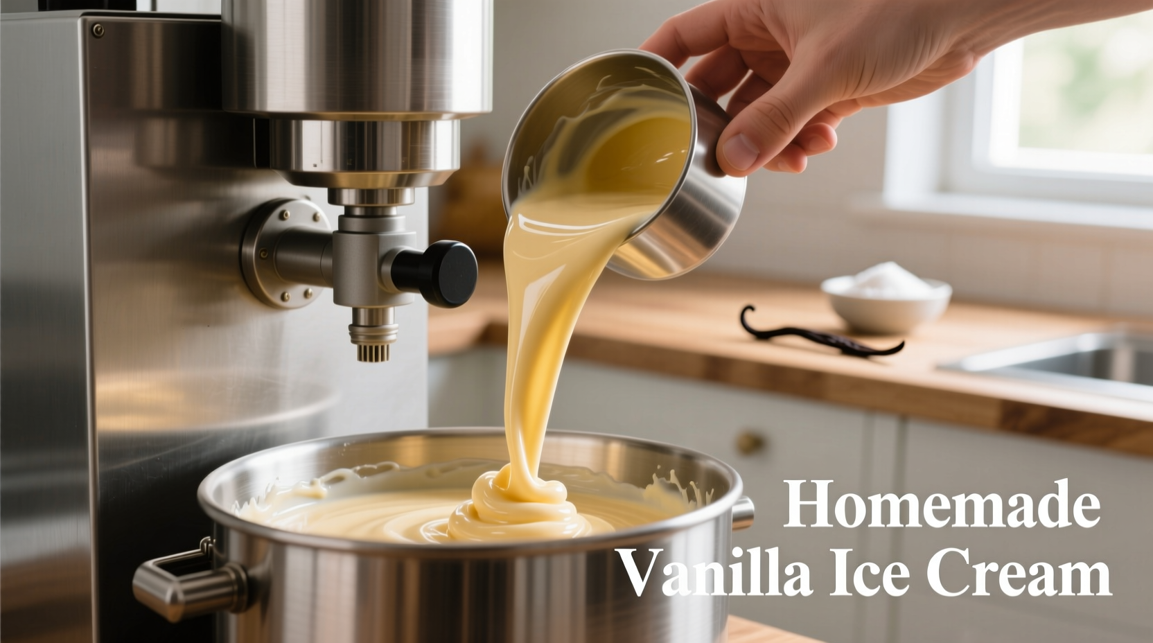 Hand pouring vanilla custard into ice cream maker
