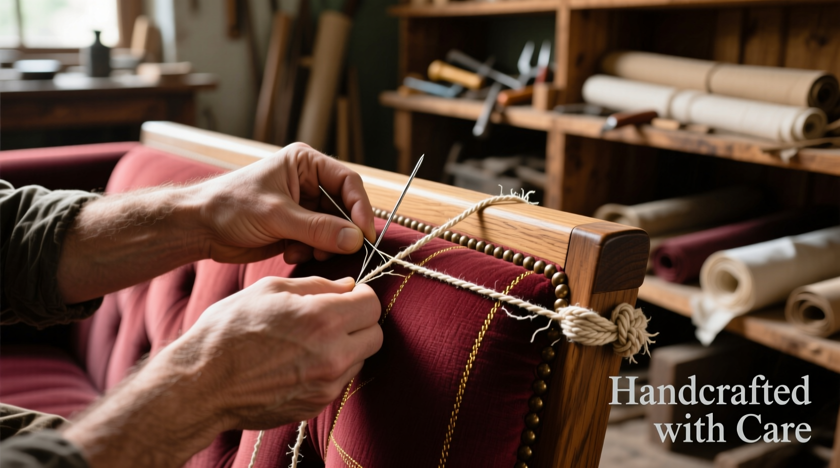 Hand-stitching upholstery fabric to sofa frame