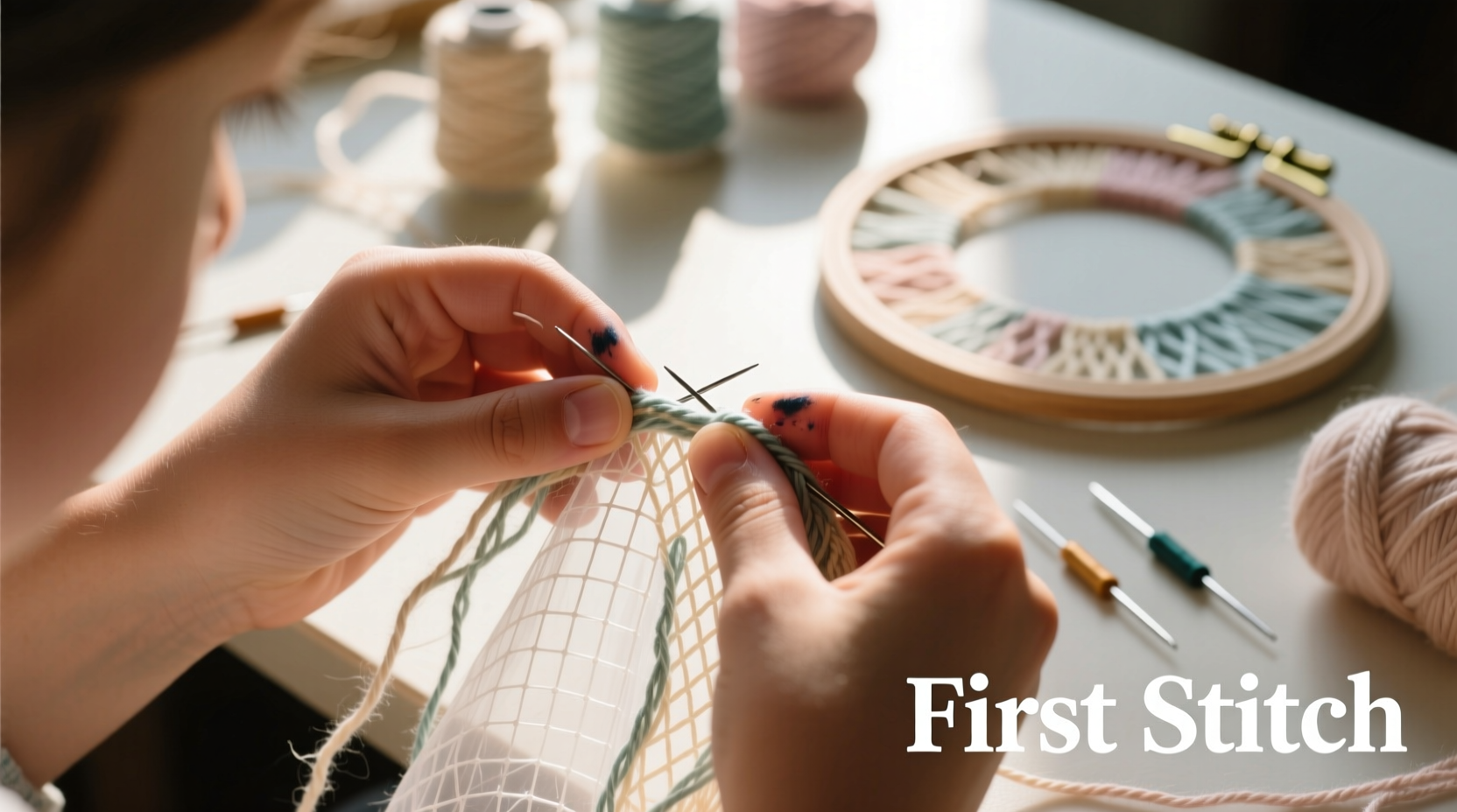 Beginner's hands stitching yarn through plastic mesh canvas