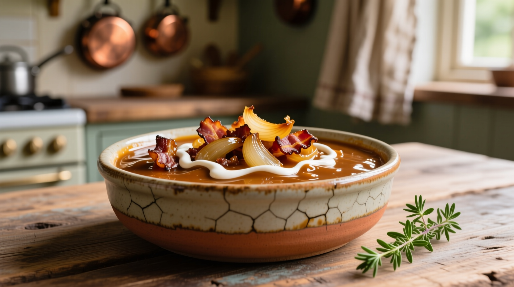 Caramelized onion and bacon dip in ceramic bowl