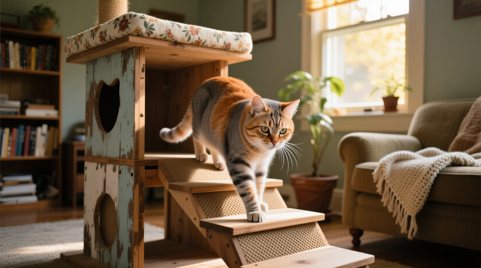 Senior cat using ramp-accessible DIY cat tower