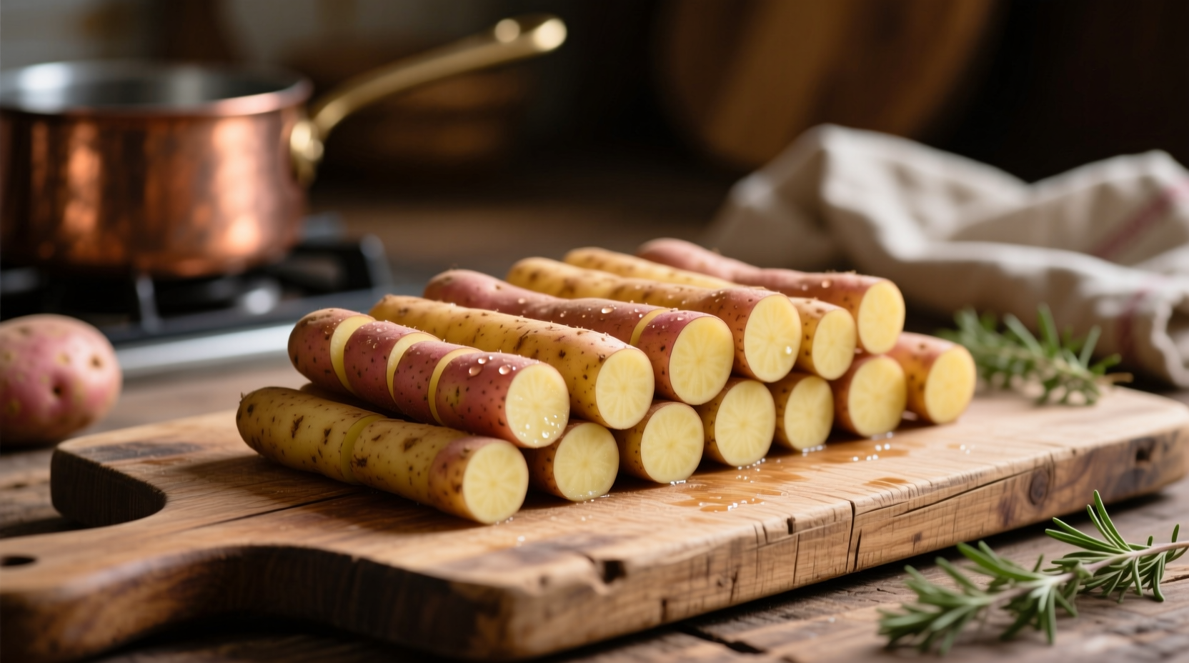 Russet potatoes cut into uniform sticks on cutting board