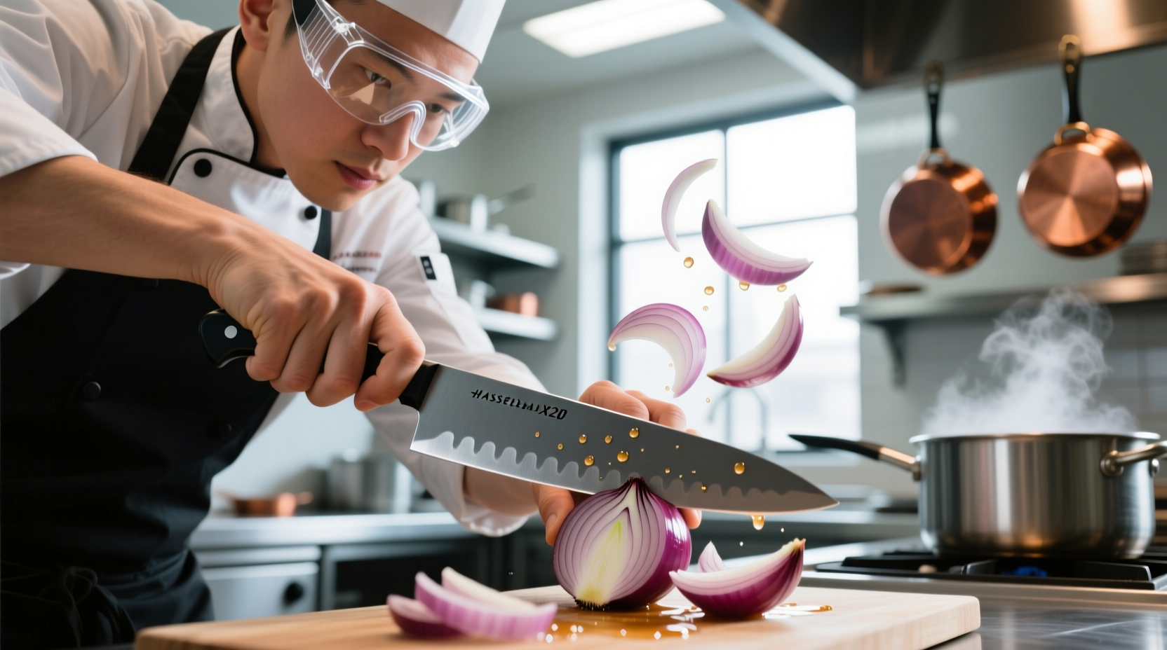 Chef cutting onions with protective eyewear