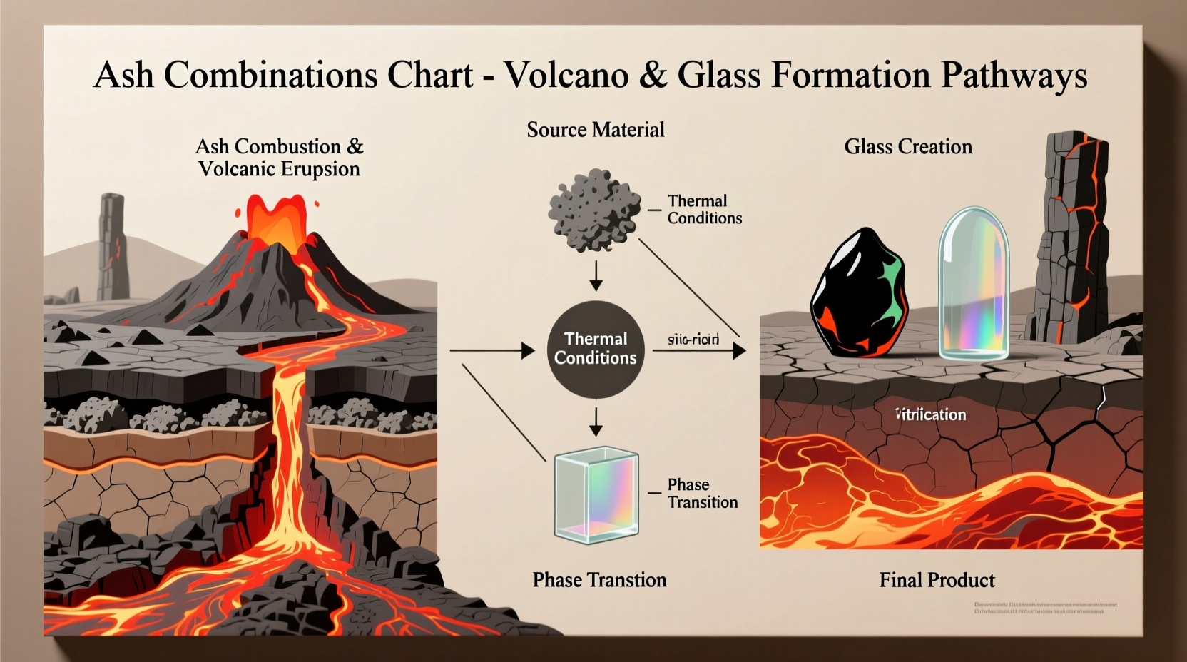 Ash combinations chart showing volcano and glass creation paths