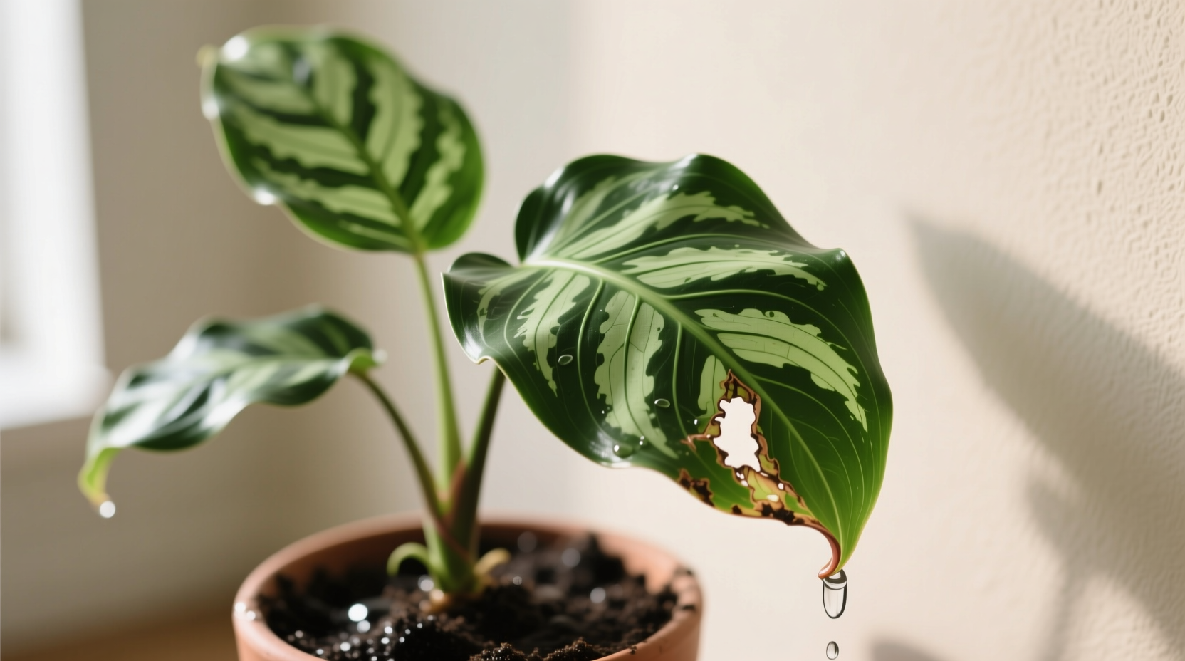 Winter-dry air causing lancifolia leaf curl despite moist soil - shows humidity matters more than watering for indoor plants