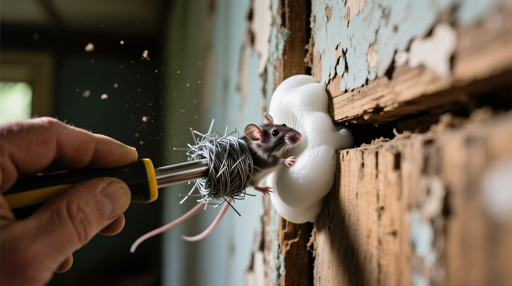 Sealing rodent entry points with steel wool and foam