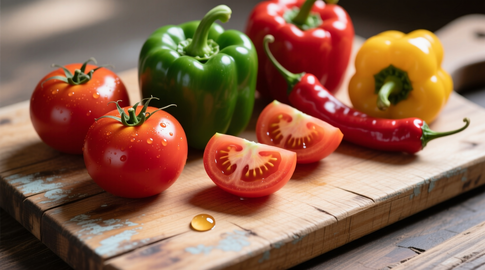 Fresh tomatoes and assorted peppers on wooden cutting board