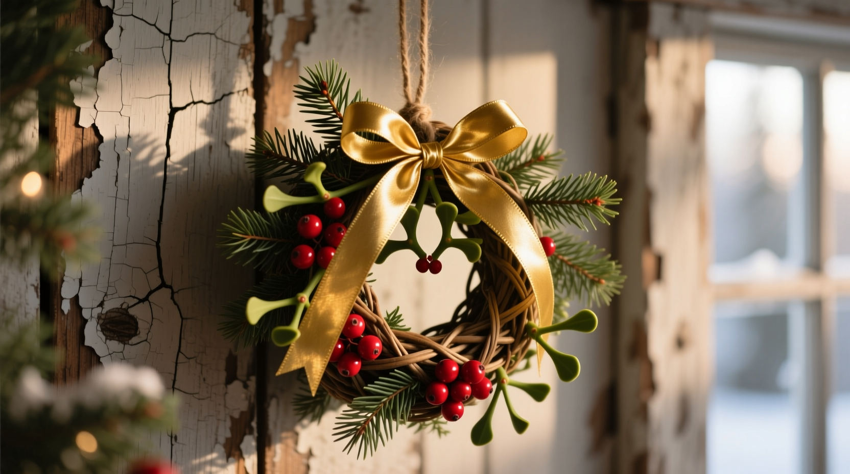 Handmade mistletoe kissing ball with golden ribbon hanging against rustic wood