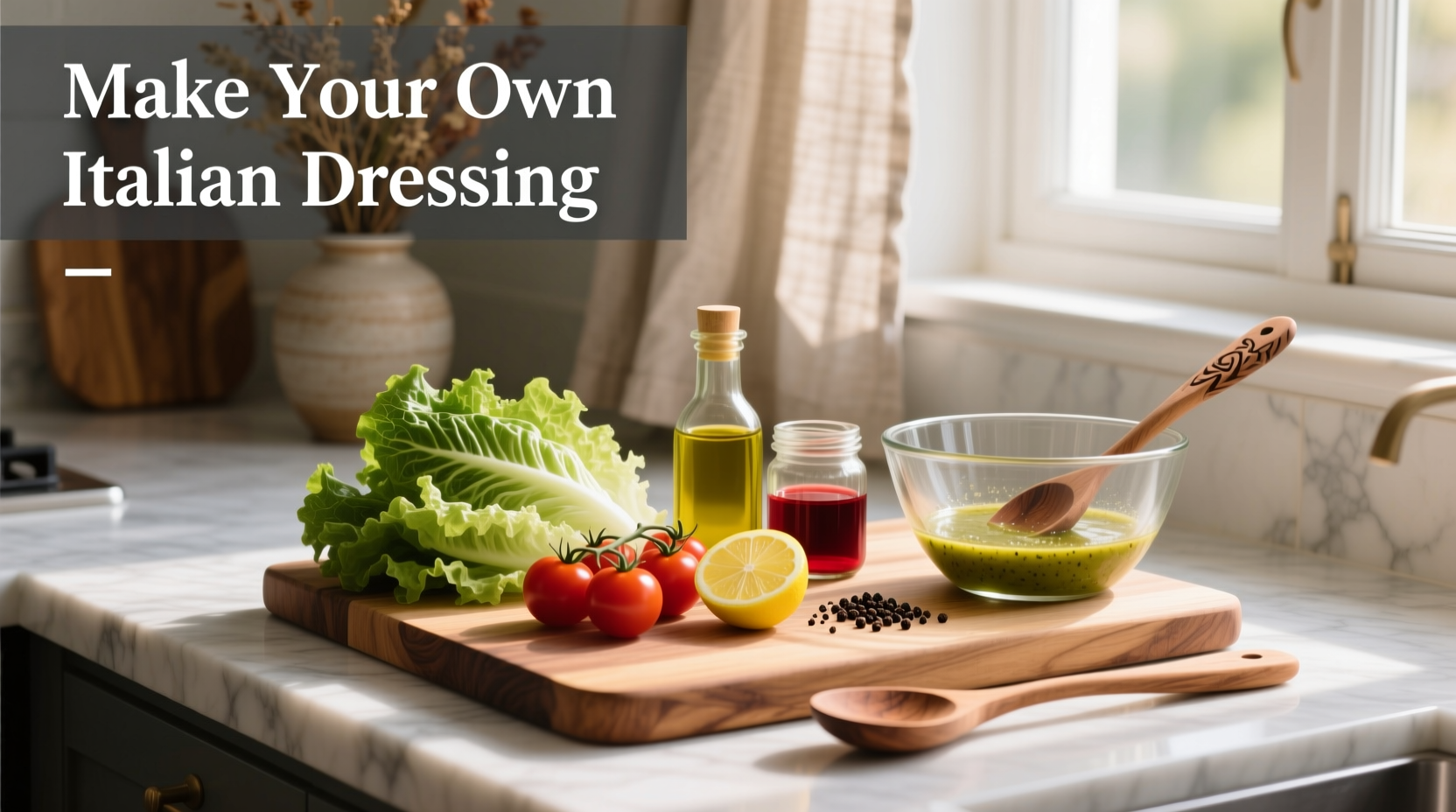 Glass jars of Italian dressing lined up on a kitchen counter with handwritten labels showing dates and herb types