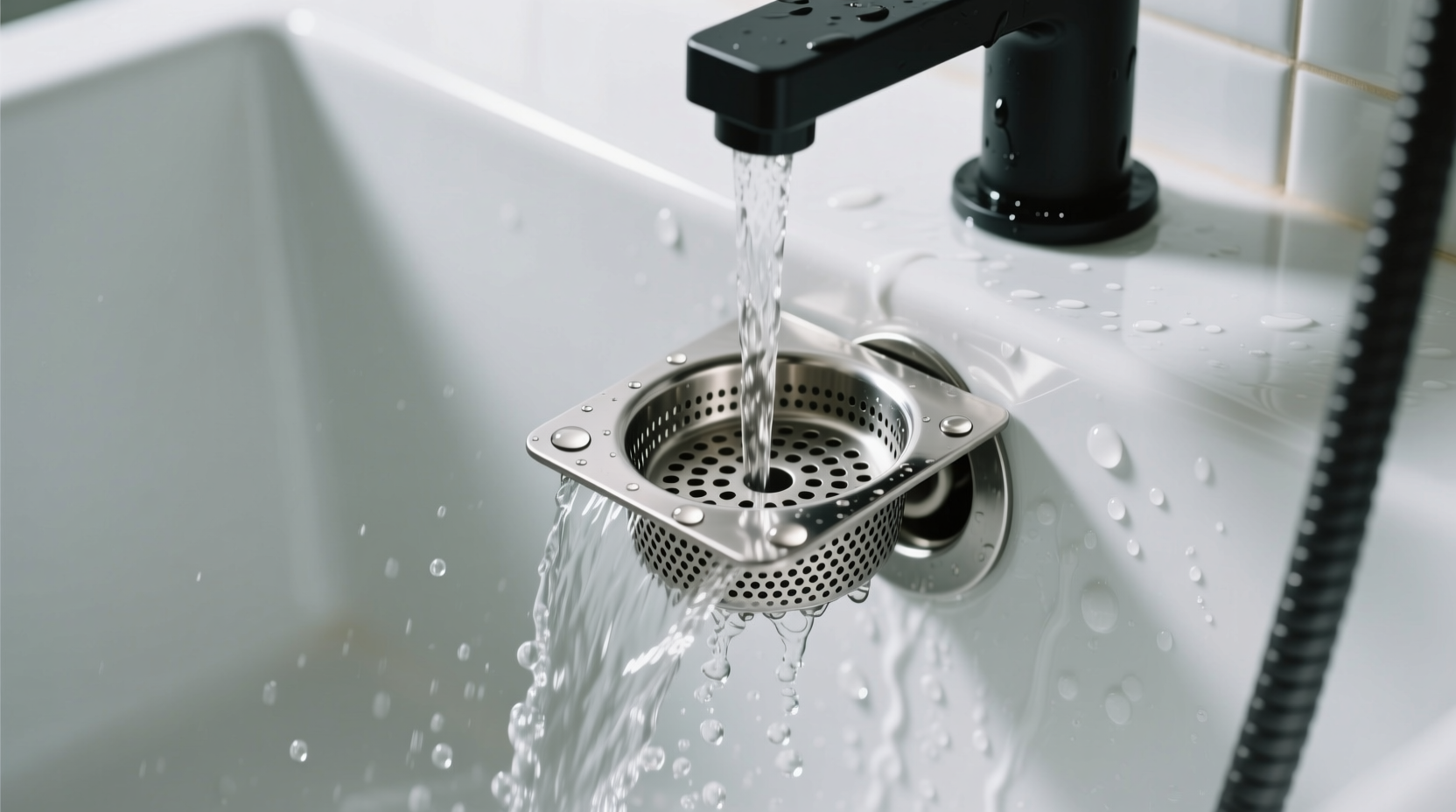 Hair catcher installed in shower drain with clean water flow