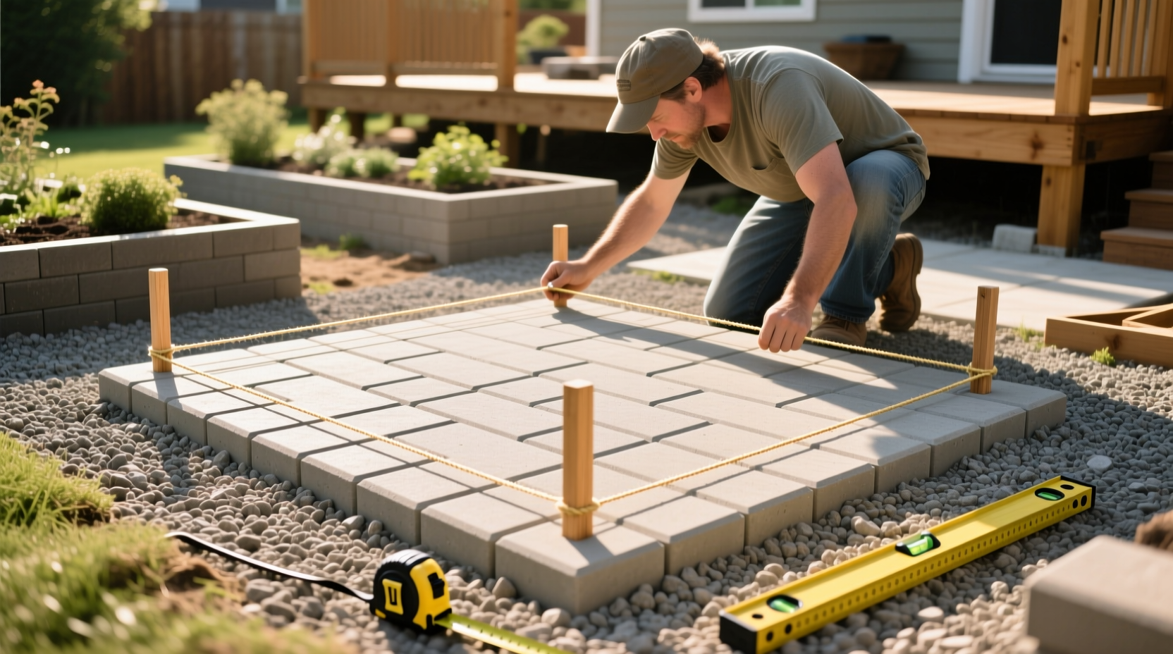 DIY patio pavers layout planning with string lines