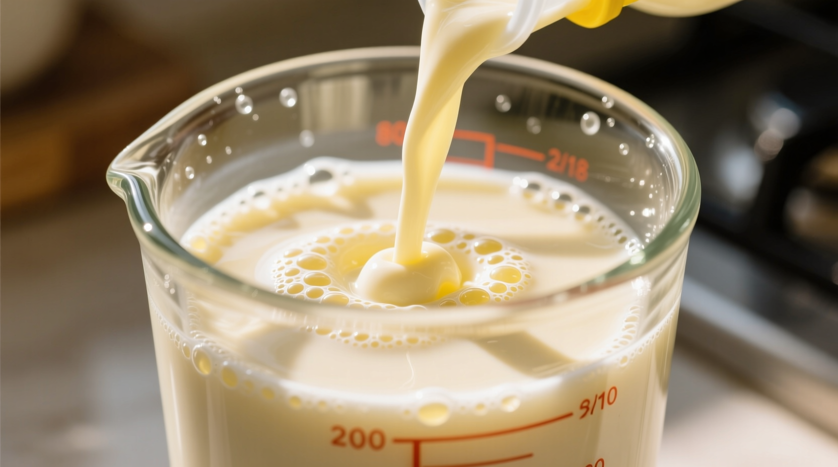 Close-up of buttermilk curdling process in measuring cup