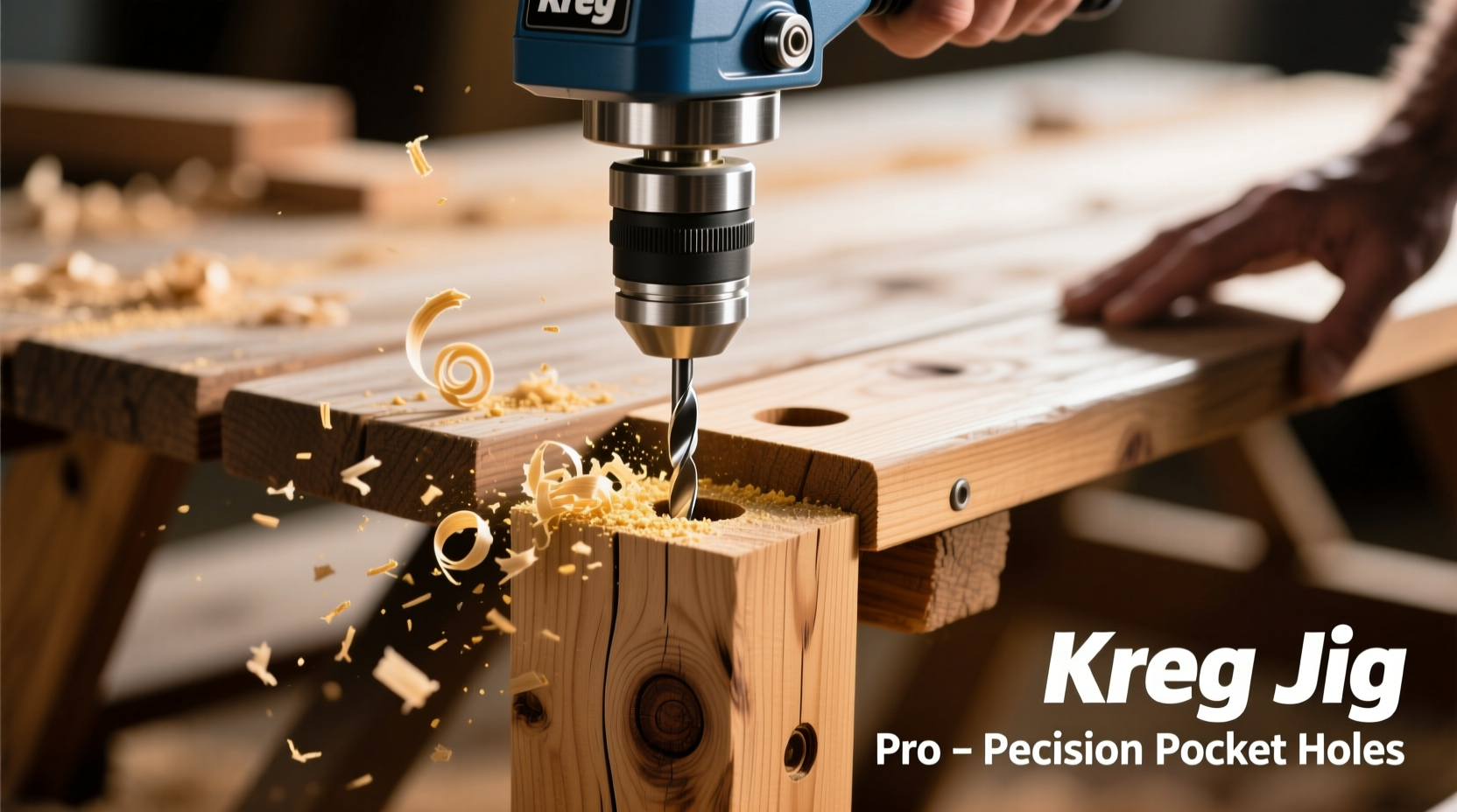 Close-up of Kreg Jig creating pocket holes in picnic table leg