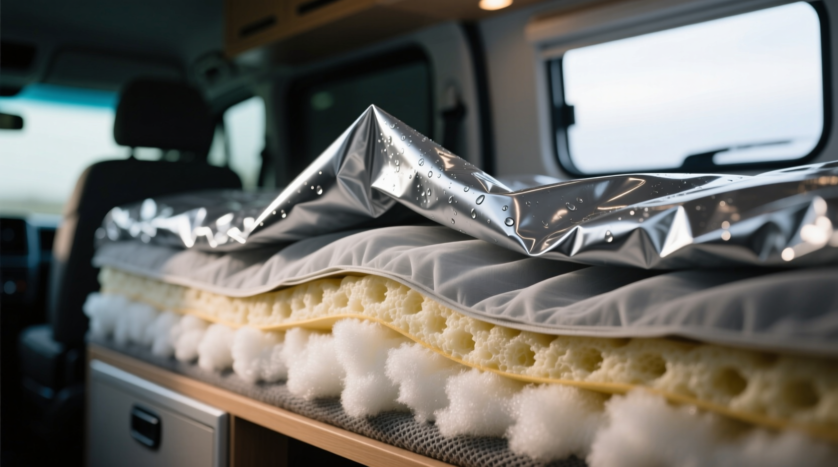 Close-up of teardrop camper insulation layers showing moisture barrier