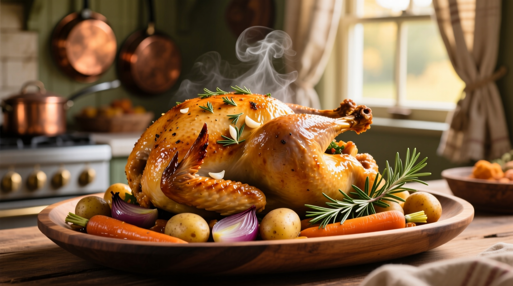 Golden roasted turkey with herbs and vegetables