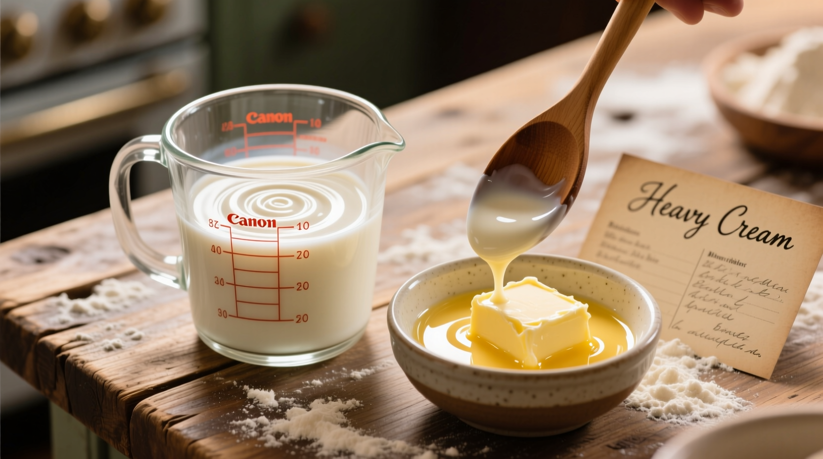 Whole milk and melted butter measuring for homemade heavy cream