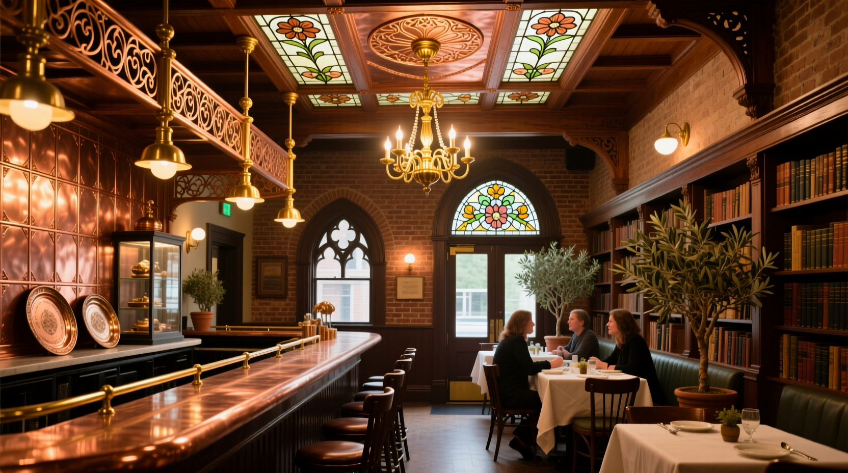 The Copper Onion restaurant interior with copper accents and historic architecture