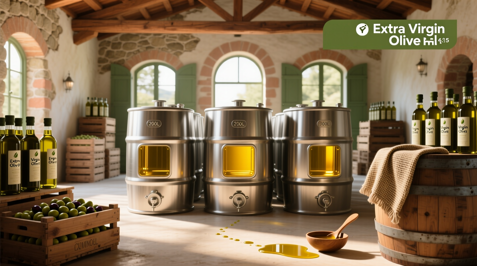 Bulk extra virgin olive oil drums stored in warehouse