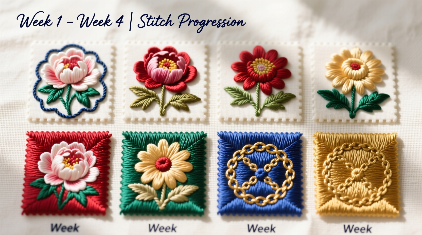 Colorful embroidery samples showing progressive stitch improvement over weeks
