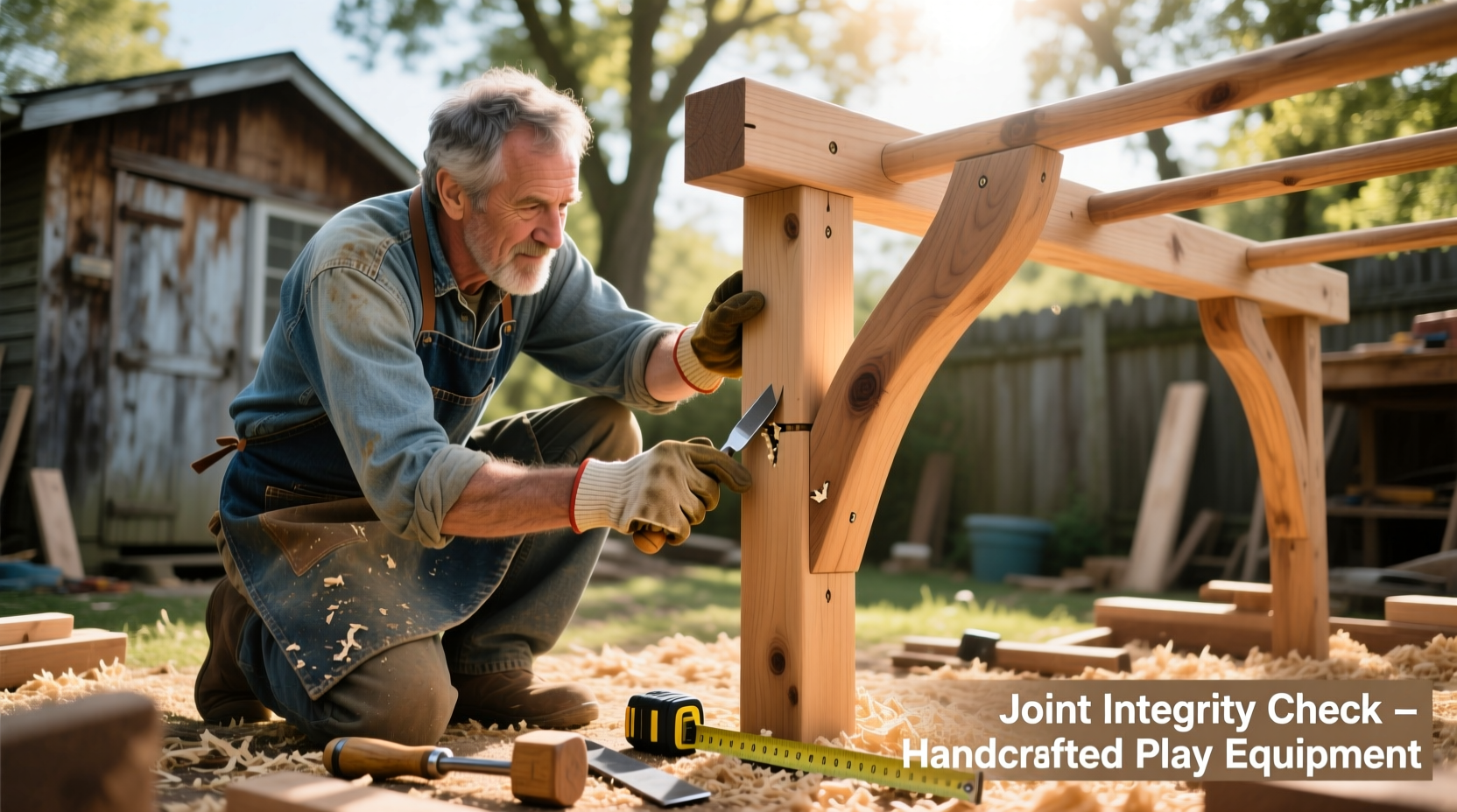 Woodworker inspecting monkey bar joint integrity