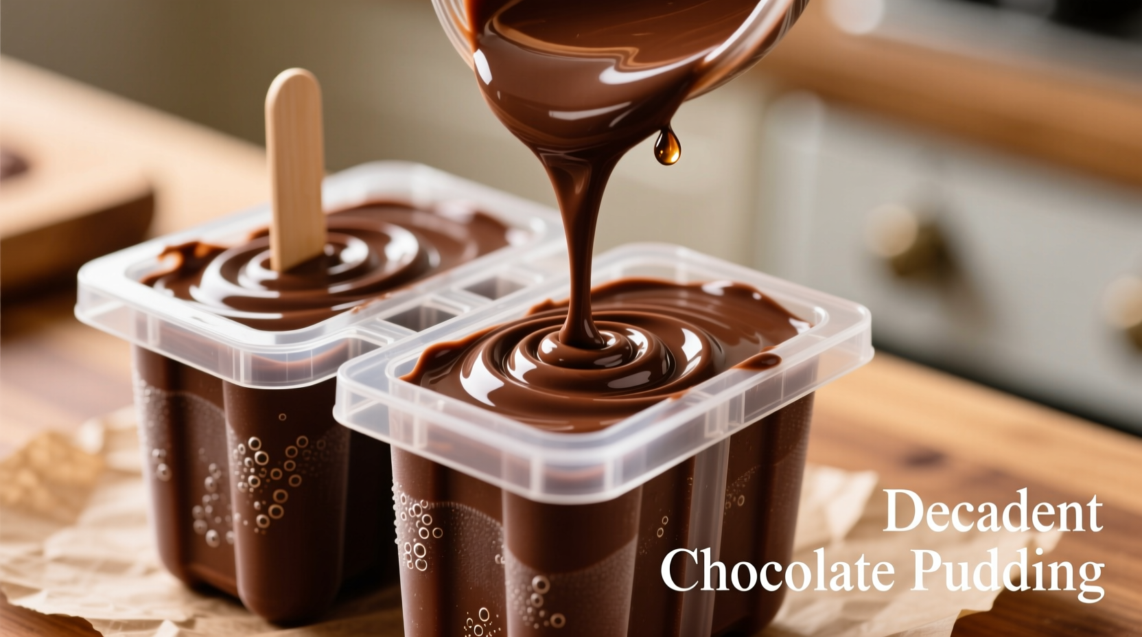 Close-up of chocolate pudding mixture in popsicle molds