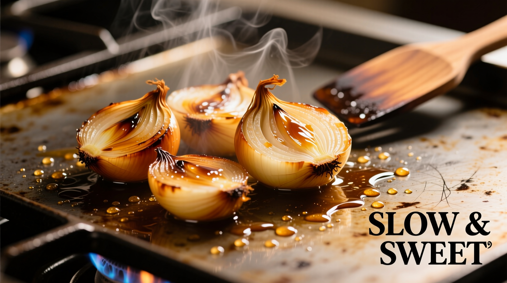 Caramelized onions sizzling on a flat-top griddle