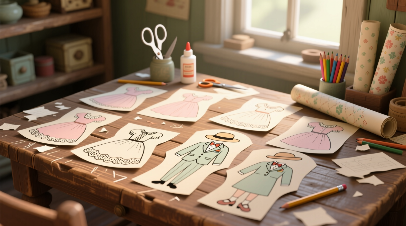 Multiple paper doll templates on craft table