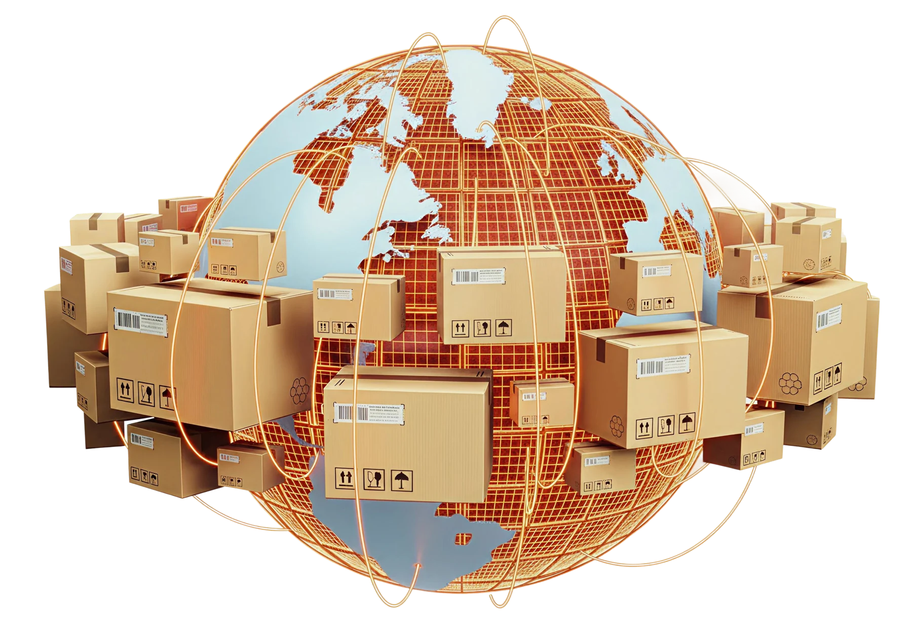 Ilustrasi globe yang dikelilingi paket pengiriman untuk perdagangan global