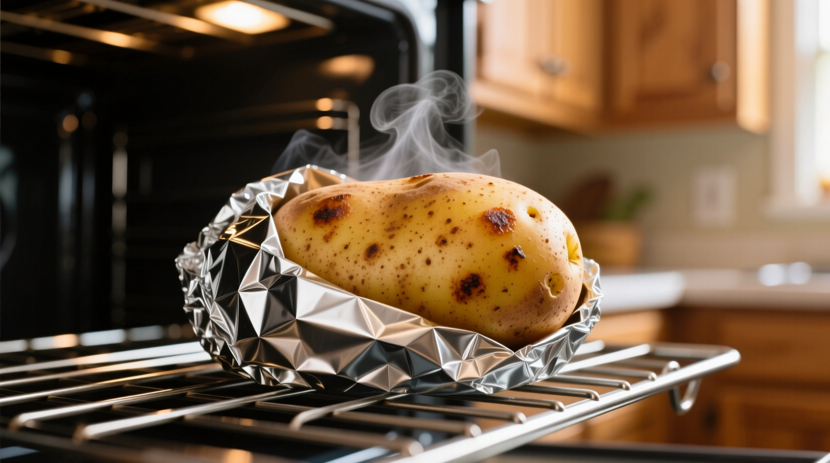 Perfectly baked potato wrapped in foil on oven rack