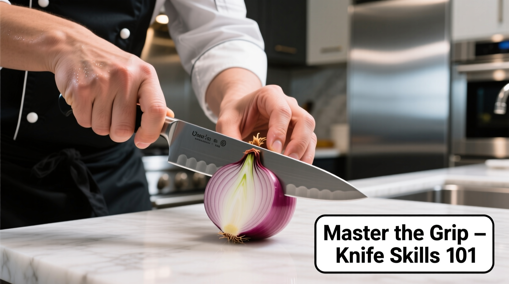 Professional chef demonstrating proper grip on onion and knife