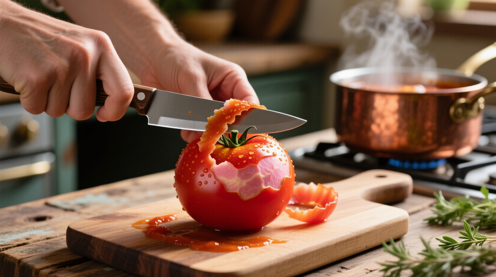 Fresh tomatoes being peeled for sauce preparation