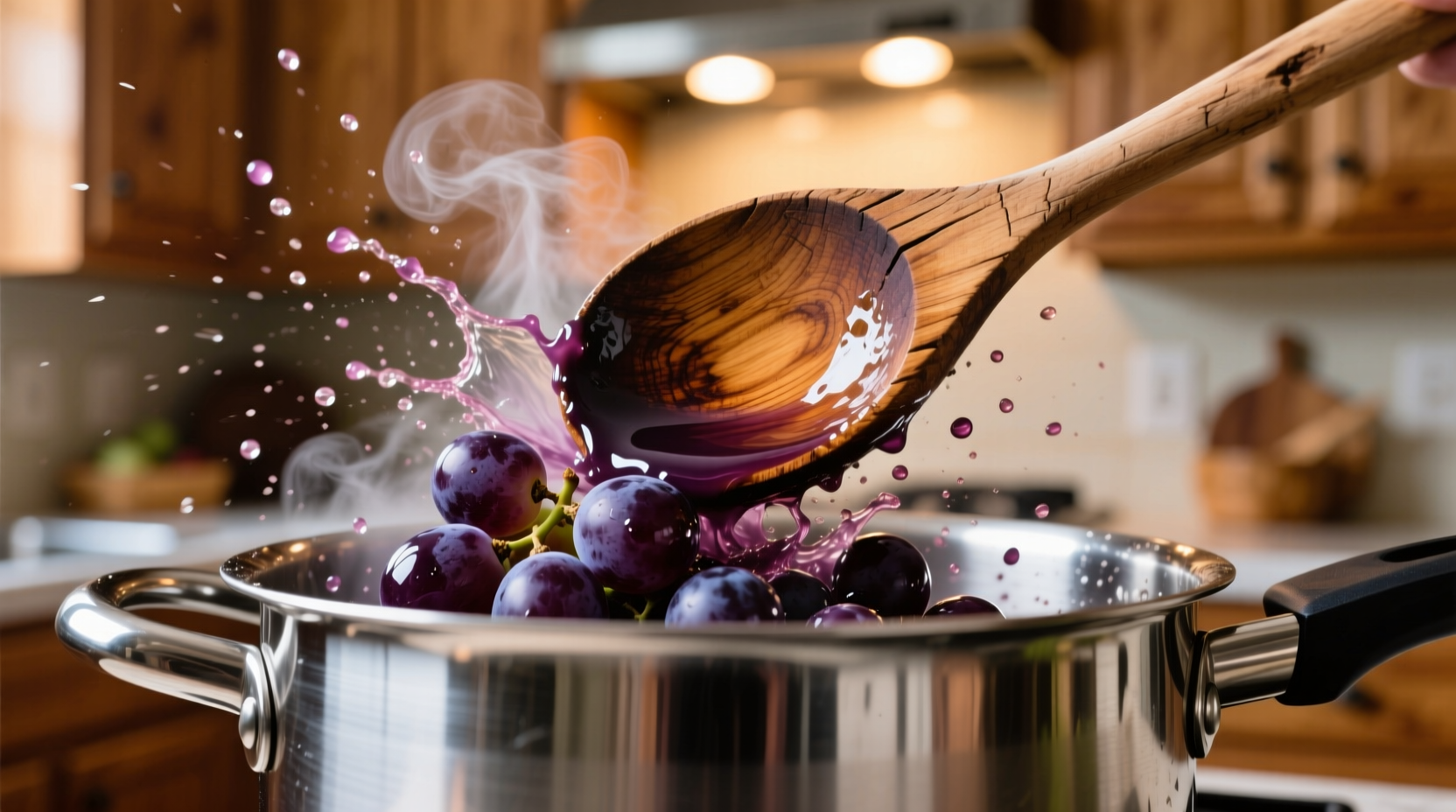 Wooden spoon crushing purple grapes in stainless steel pot