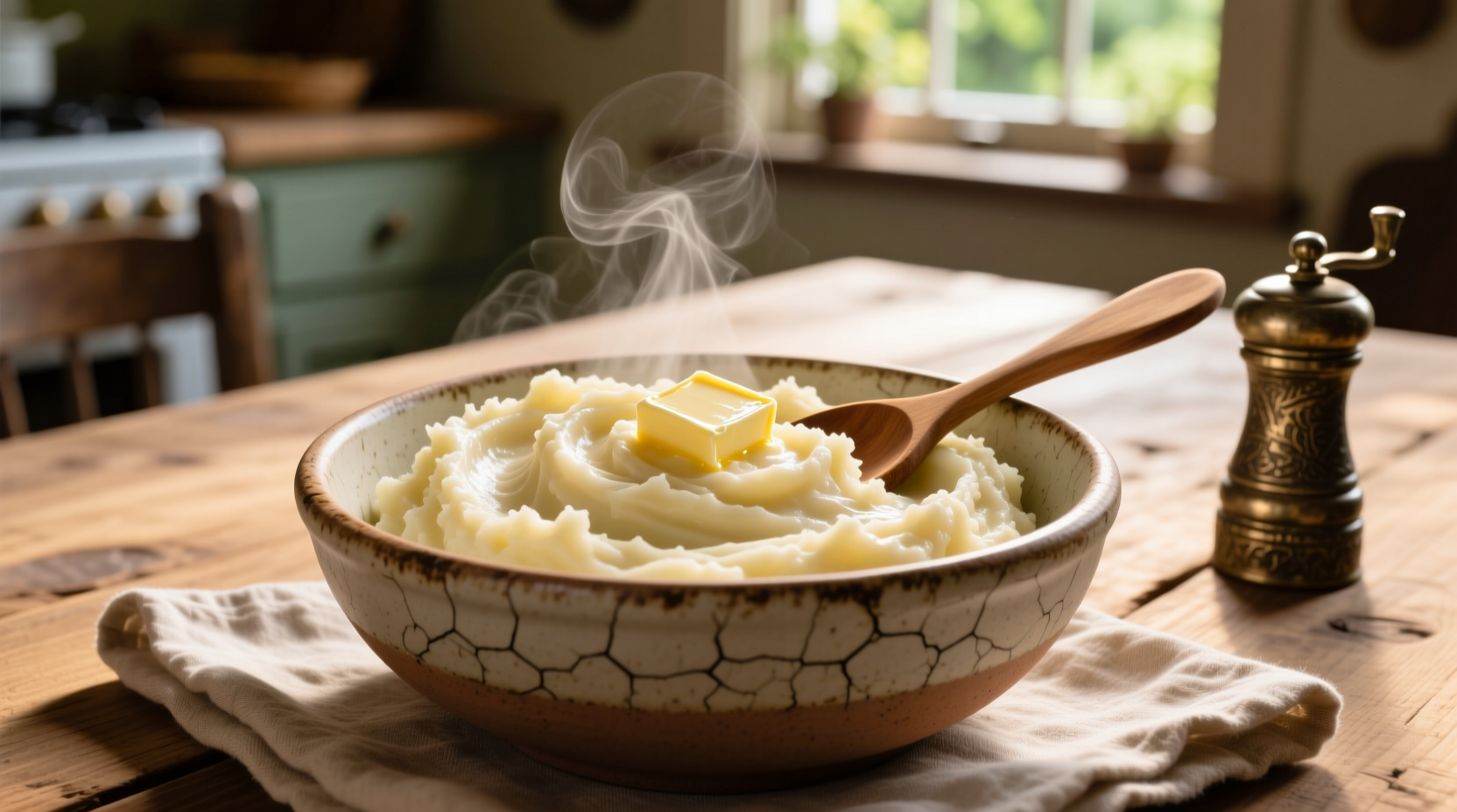 Creamy mashed potatoes made from potato flakes in a rustic bowl