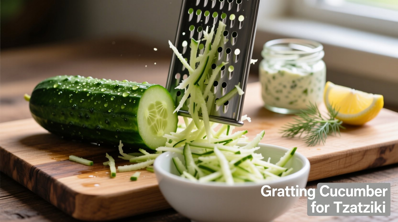 Grating cucumber for tzatziki preparation