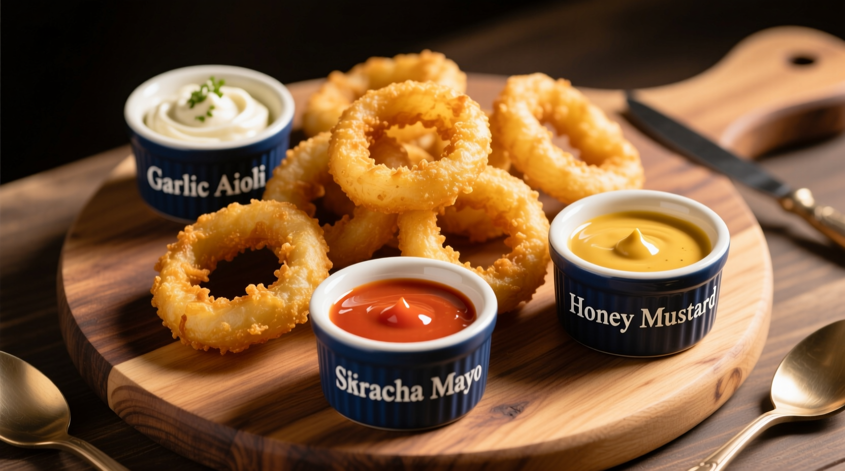 Three dipping sauces served with golden onion rings
