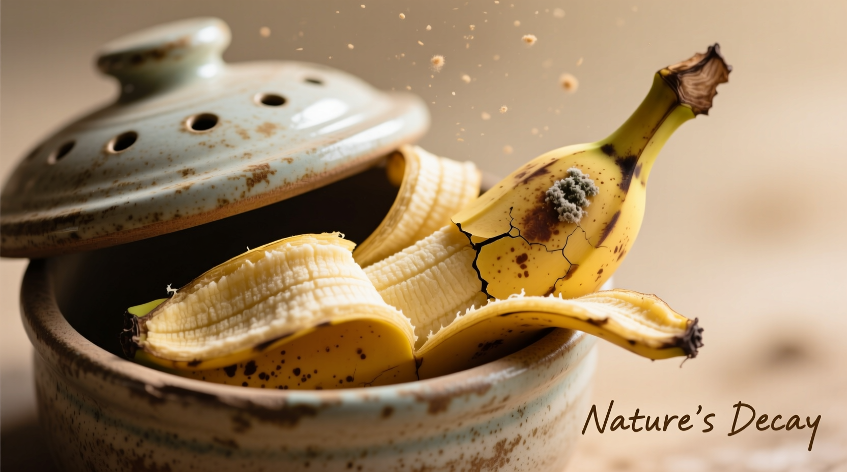 Overripe banana in covered container with holes