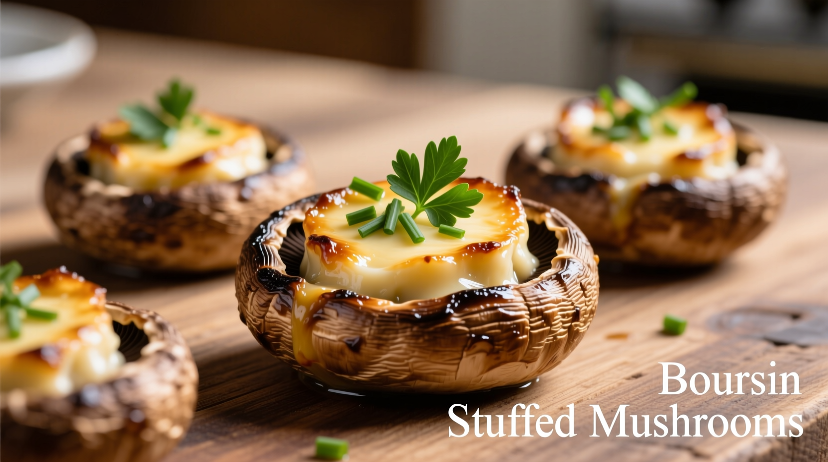 Boursin stuffed mushrooms with herb garnish