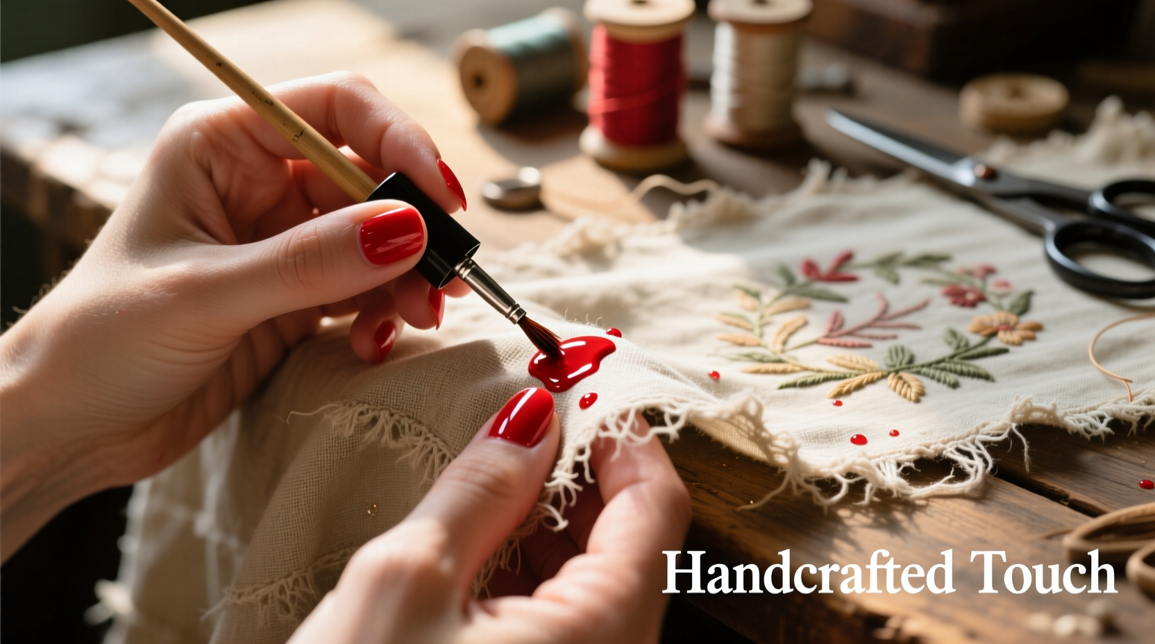 Close-up of hands applying nail polish to fabric edge