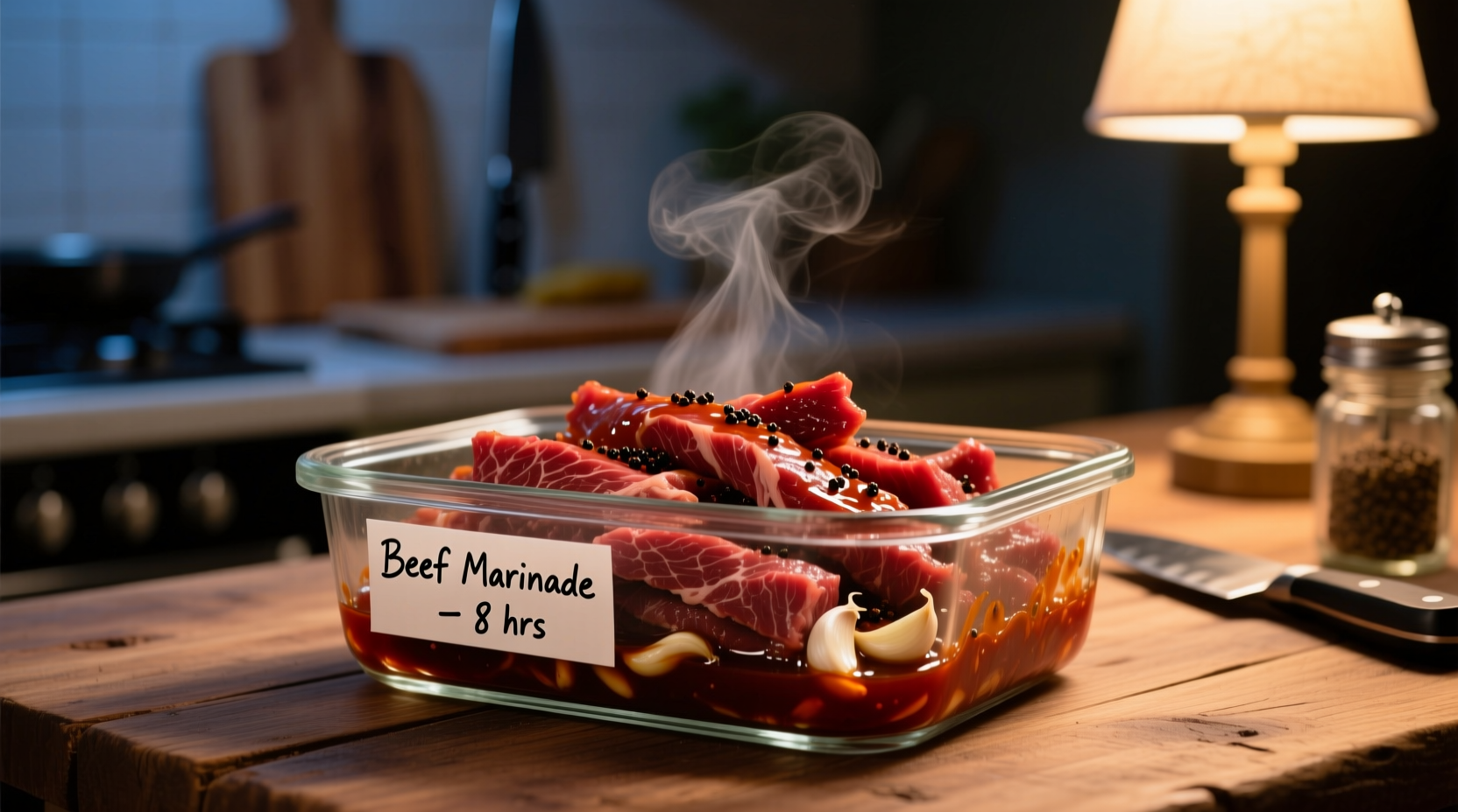 Marinating beef strips in glass container overnight