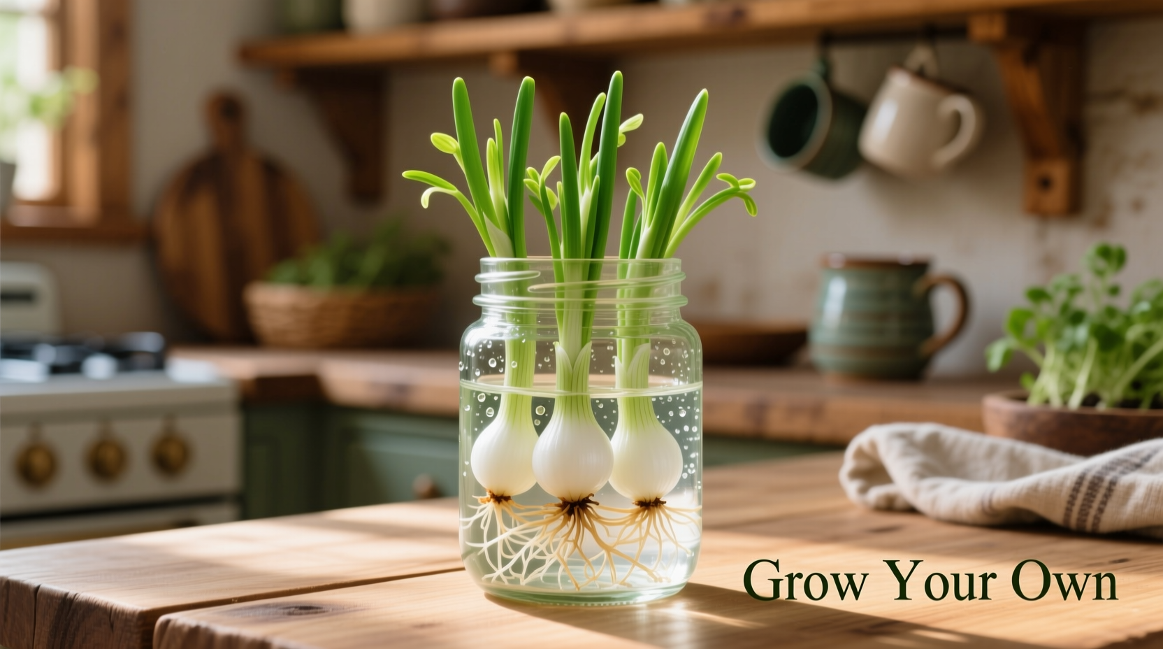Fresh onion sprouts in a glass jar