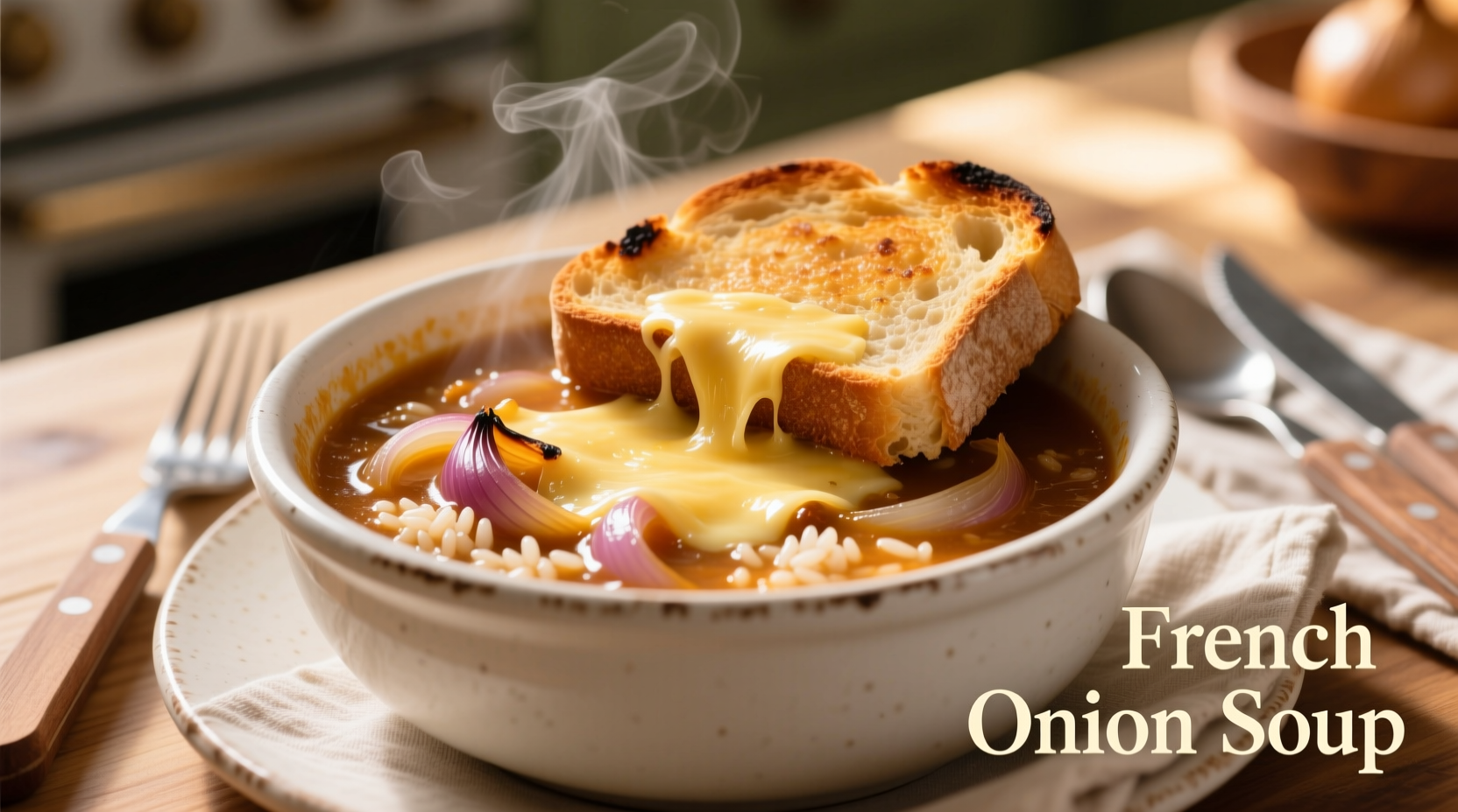 Golden French onion soup with rice in white bowl