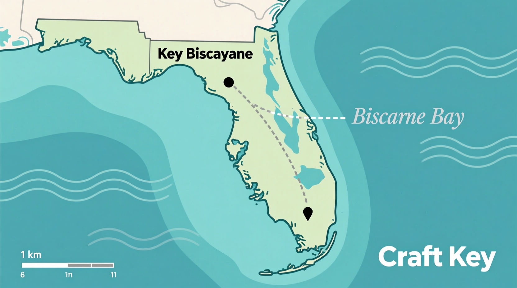 Map showing Craft Key and Key Biscayne locations in Biscayne Bay