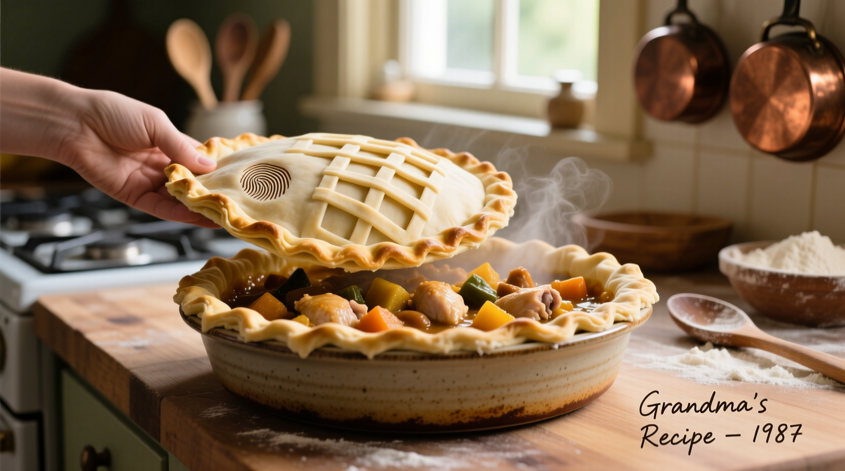 Homemade pot pie crust being placed over filling in dish