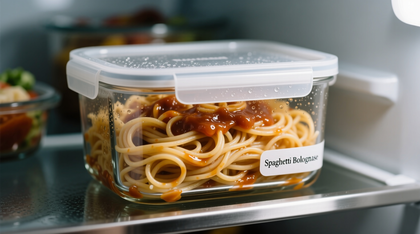 Cooked pasta in airtight glass container in refrigerator