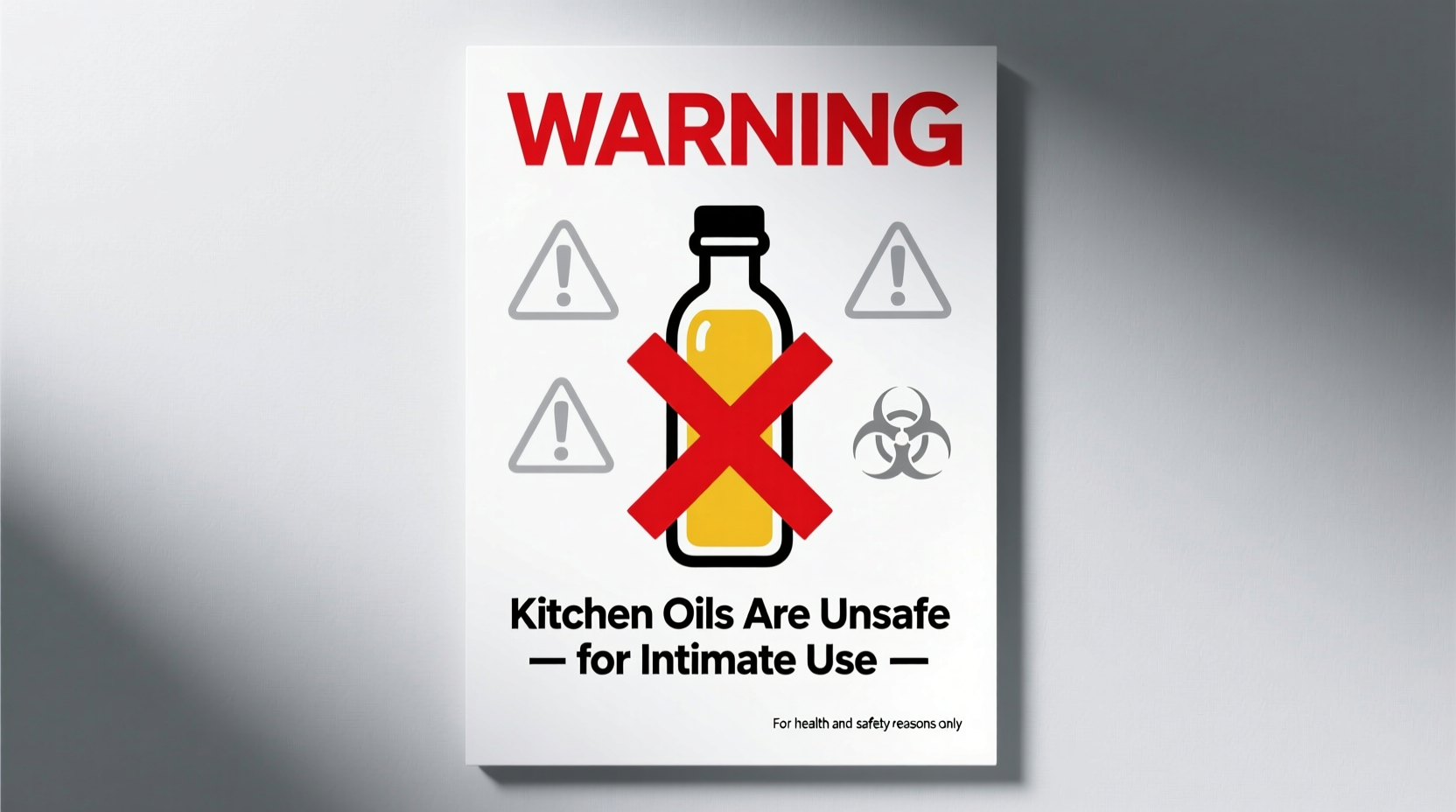 Warning sign showing kitchen oils unsafe for intimate use