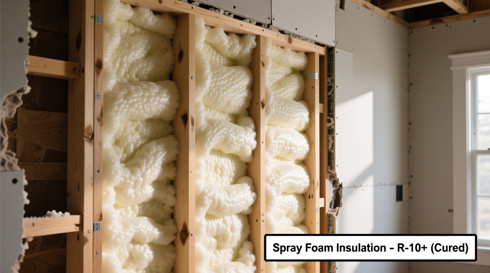 Properly applied spray foam insulation in wall cavity