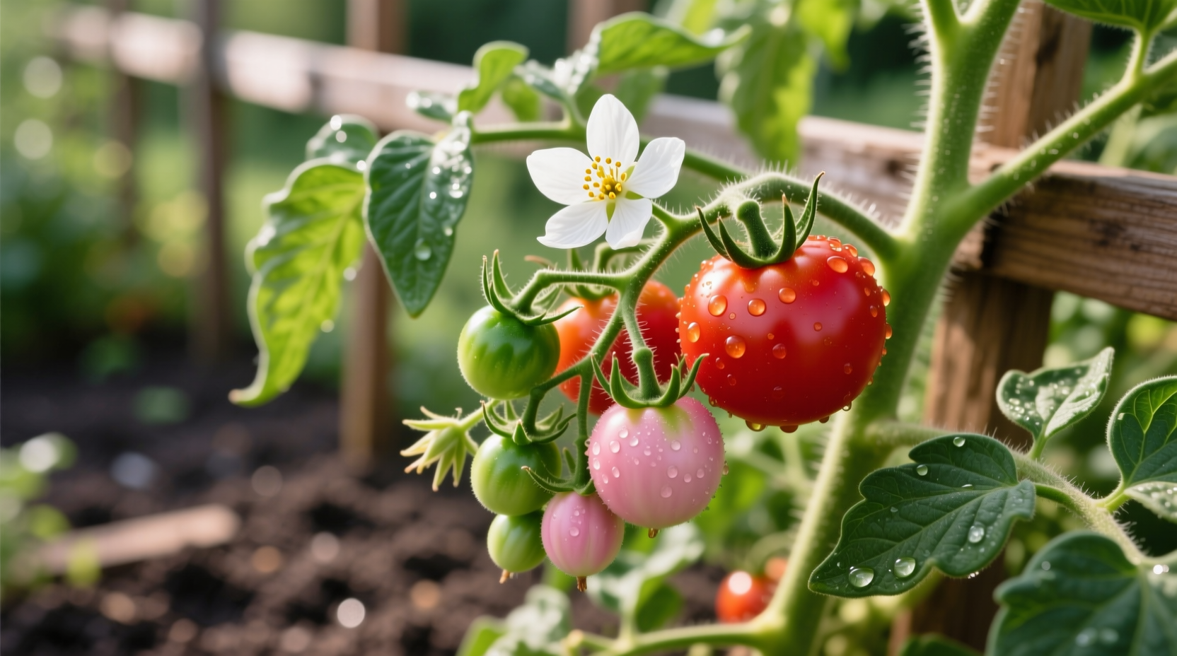 Tomato plant showing flowers and fruit at various stages