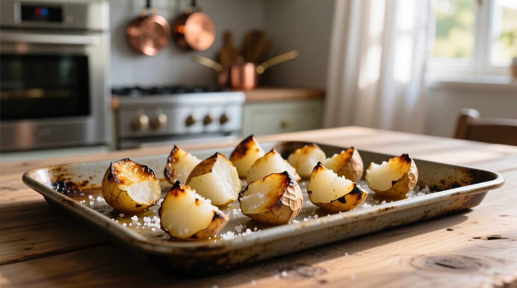 Crispy roasted white potatoes on baking sheet